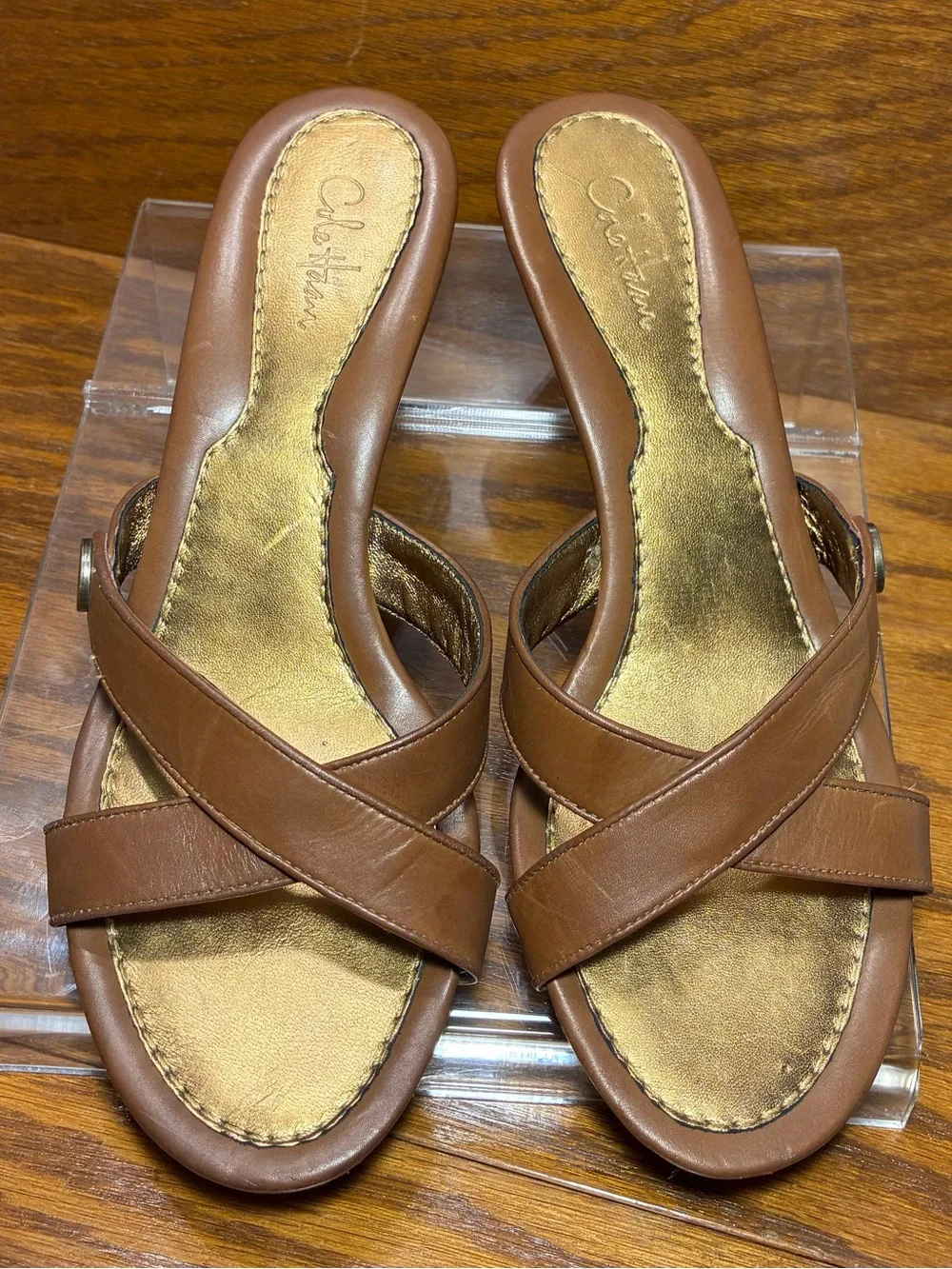 Y2K VTG Cole Haan Leather Cross Strap Medallion Wedge Slide Sandals Tan Sz 7